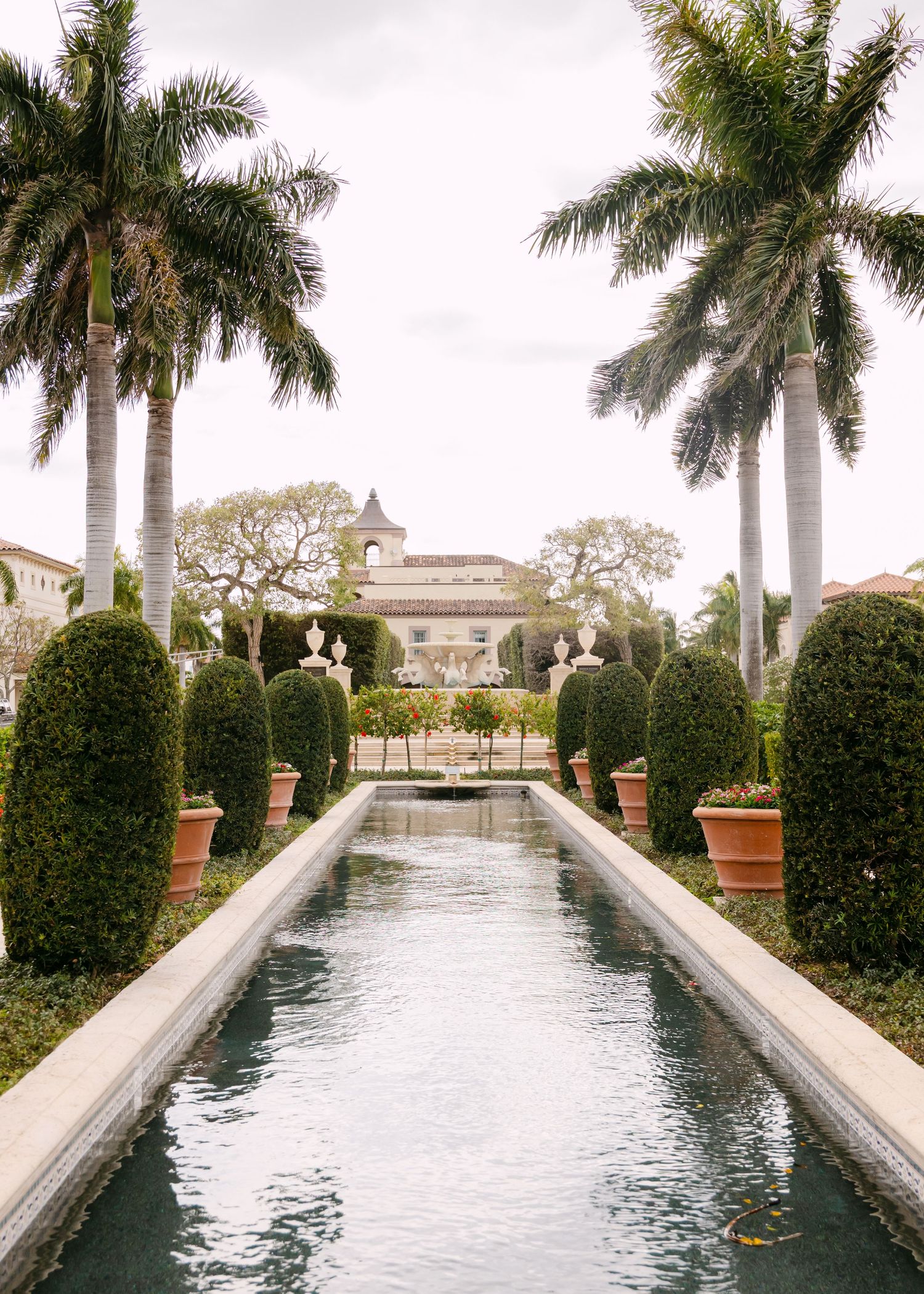 Serene formal garden with reflecting pool, manicured topiaries, and tall royal palm trees.