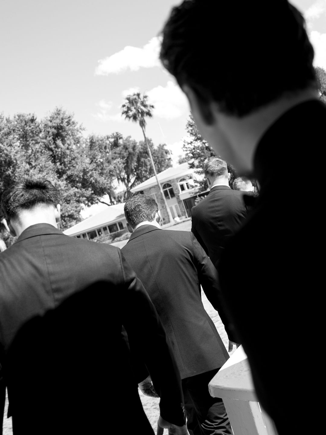 Black and white photo of men in dark suits walking outdoors near palm trees, viewed from behind.