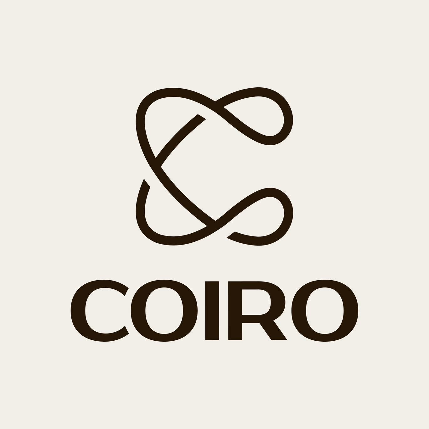 Minimalist logo design for Coiro brand featuring an abstract infinity-style symbol in dark brown above text.