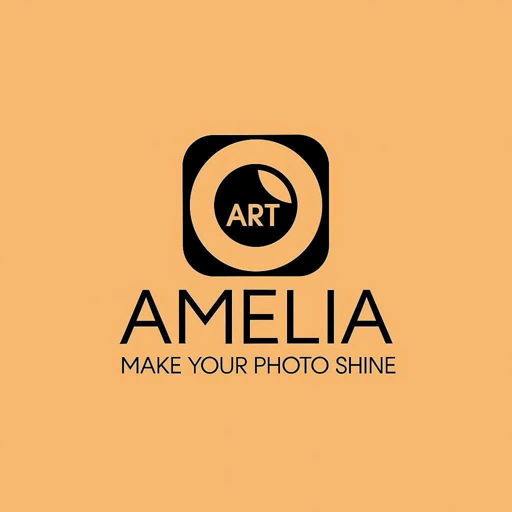 Amelia Art photography logo with camera lens icon on orange background, tagline Make Your Photo Shine.