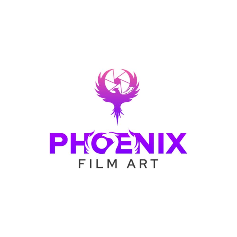 Three stylized purple phoenix bird logos with text for film art company branding.