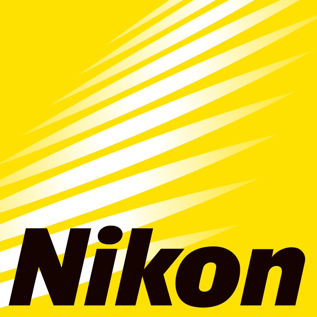 The black Nikon camera company logo on a bright yellow background with diagonal white streaks.