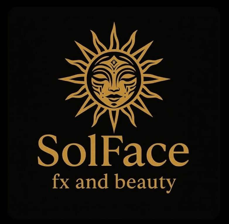 Gold decorative sun face logo design for SolFace fx and beauty spa on black background.