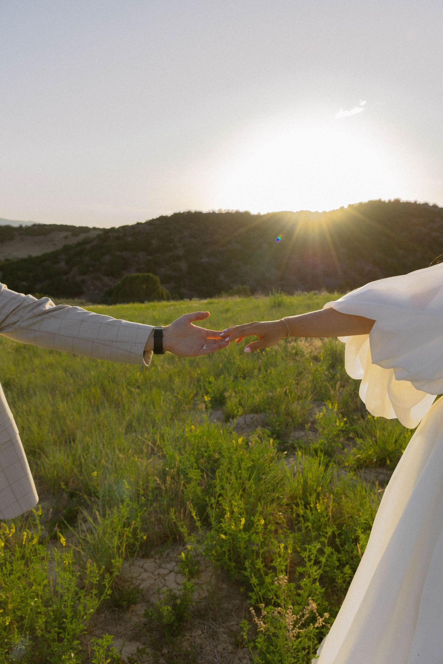 Bride and groom holding hands in a green field at golden sunset, wedding rings visible, romantic outdoor ceremony.