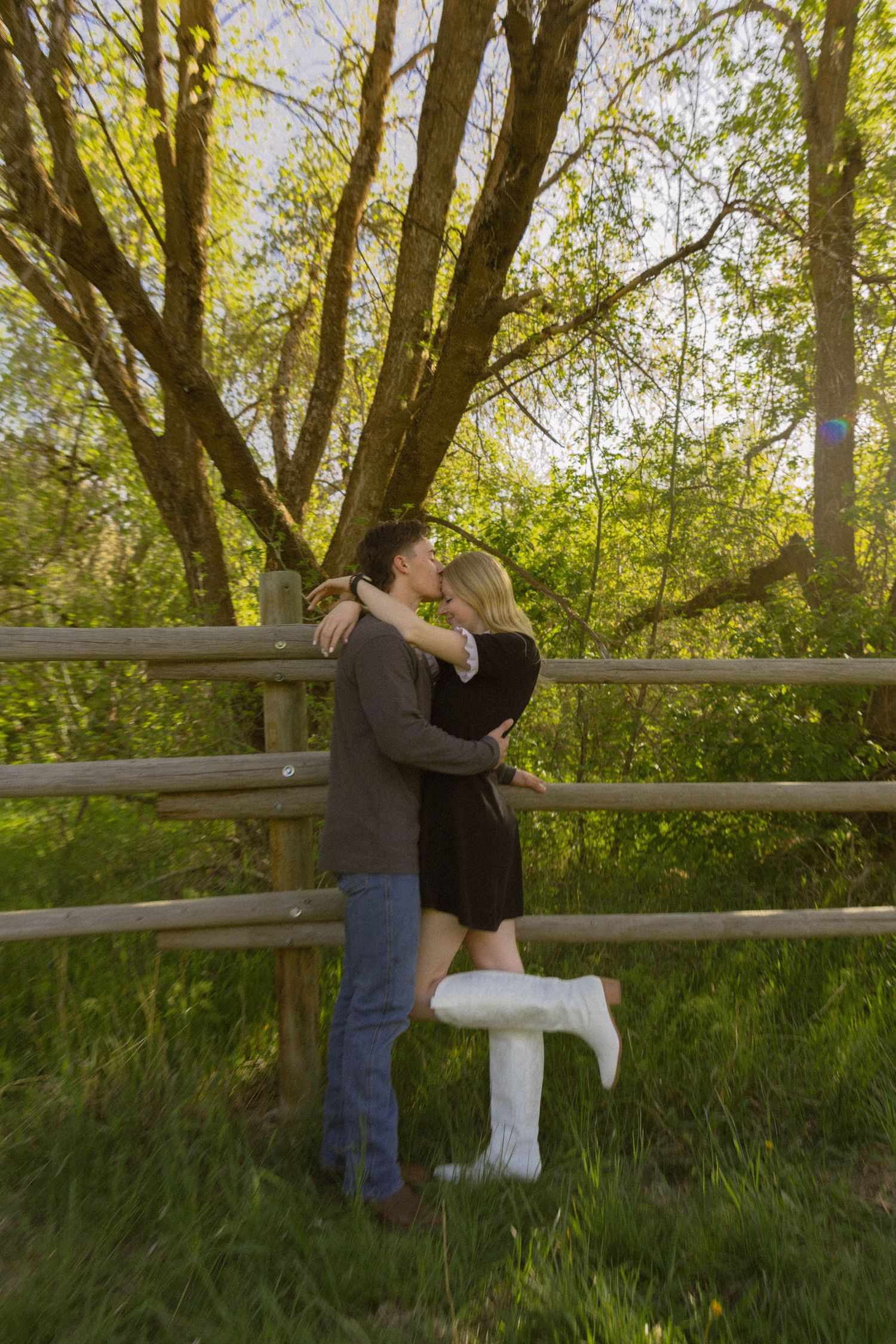 Couple embracing and kissing by a rustic wooden fence surrounded by lush green trees in golden hour light.