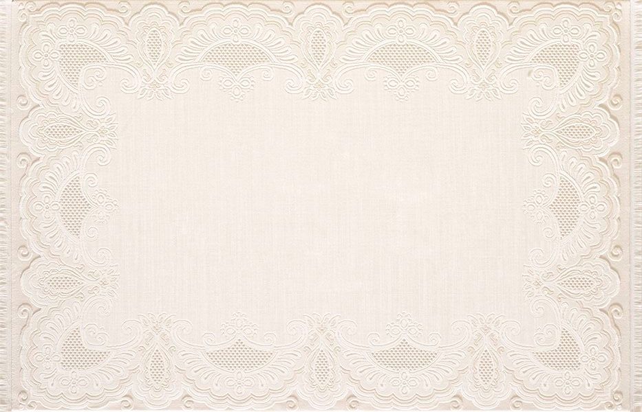 Elegant cream-colored embossed paper with intricate lace-like border design and delicate floral patterns.