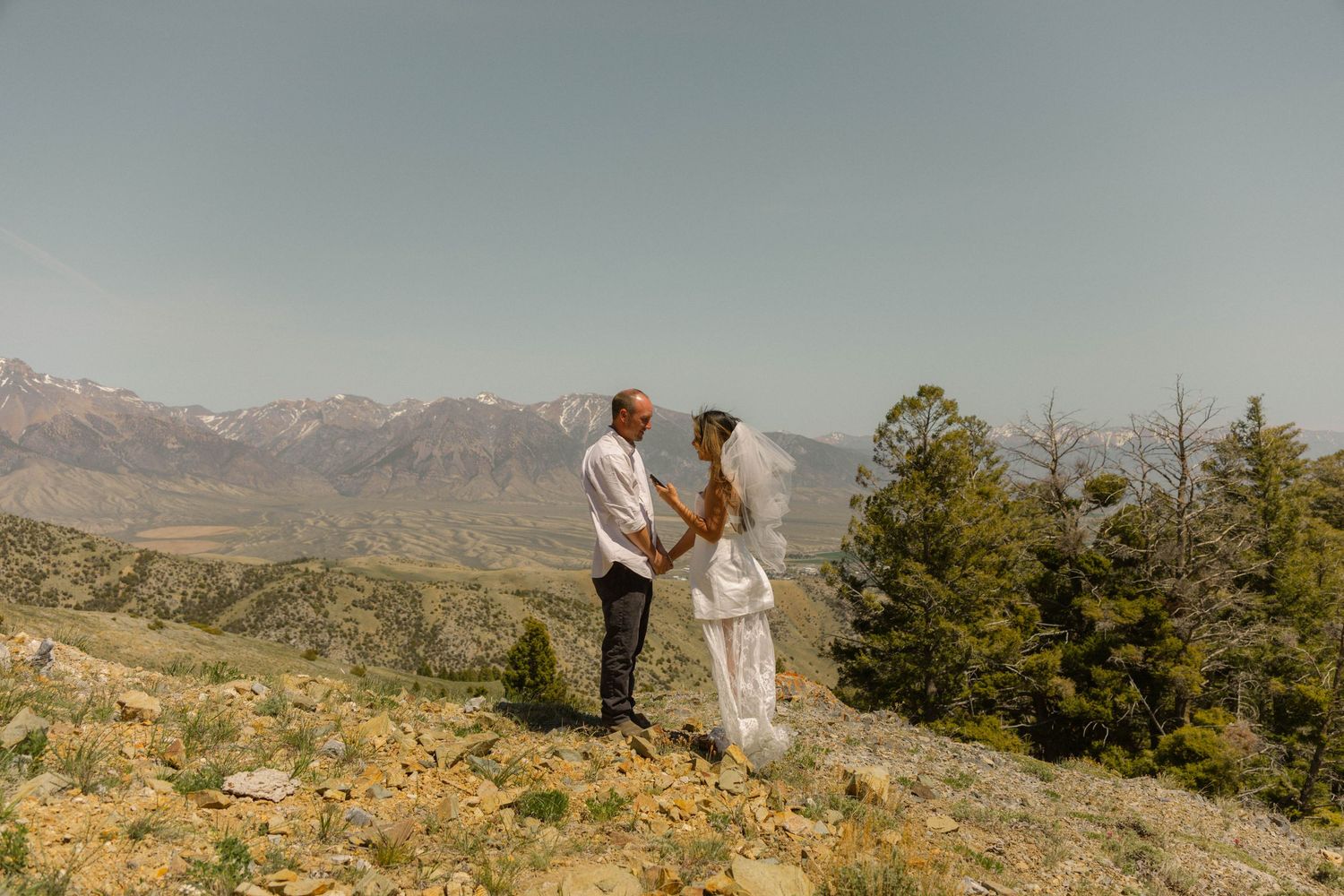 Couple holds hands during mountain elopement ceremony with scenic Sierra Nevada backdrop and evergreen trees.