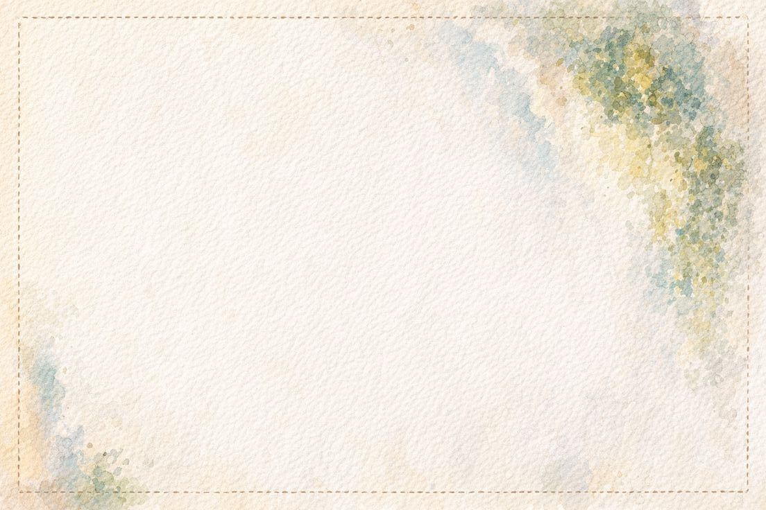 Soft watercolor background with pastel green and gold splashes on textured cream paper with a delicate golden border frame.