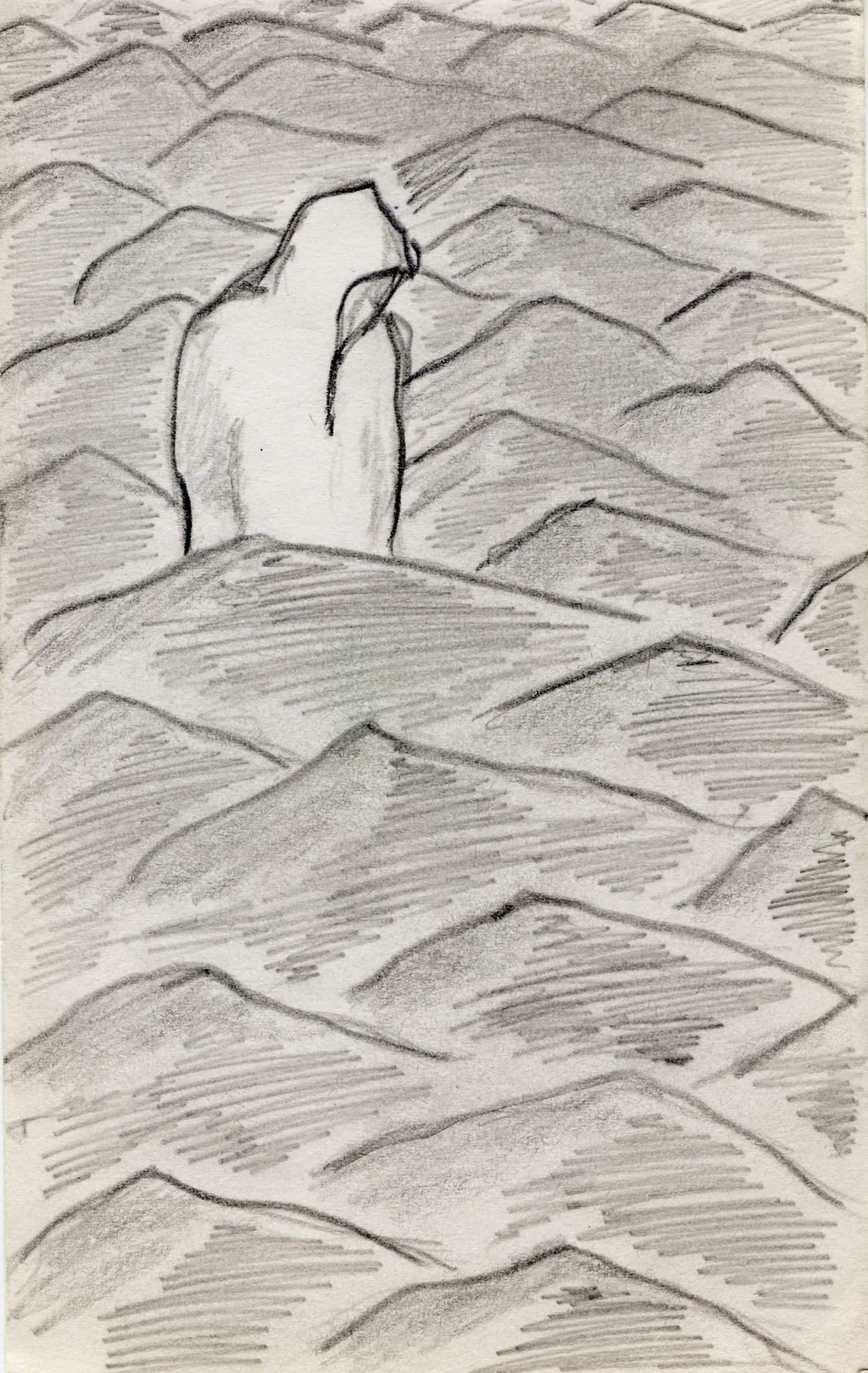 Pencil sketch of a solitary white rock formation surrounded by rolling hills rendered in crosshatched shading.