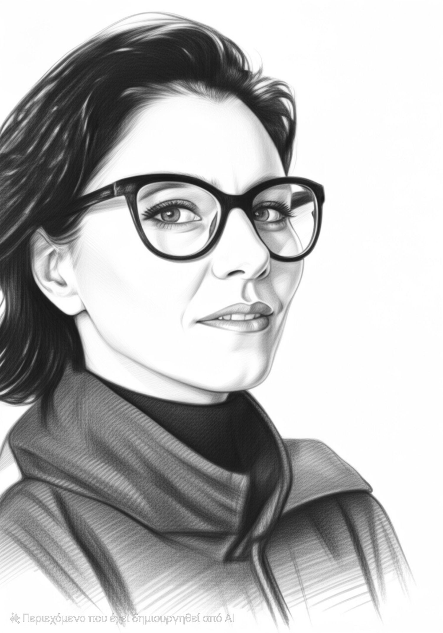 A pencil sketch portrait of a young woman with short dark hair wearing cat-eye glasses and a turtleneck.