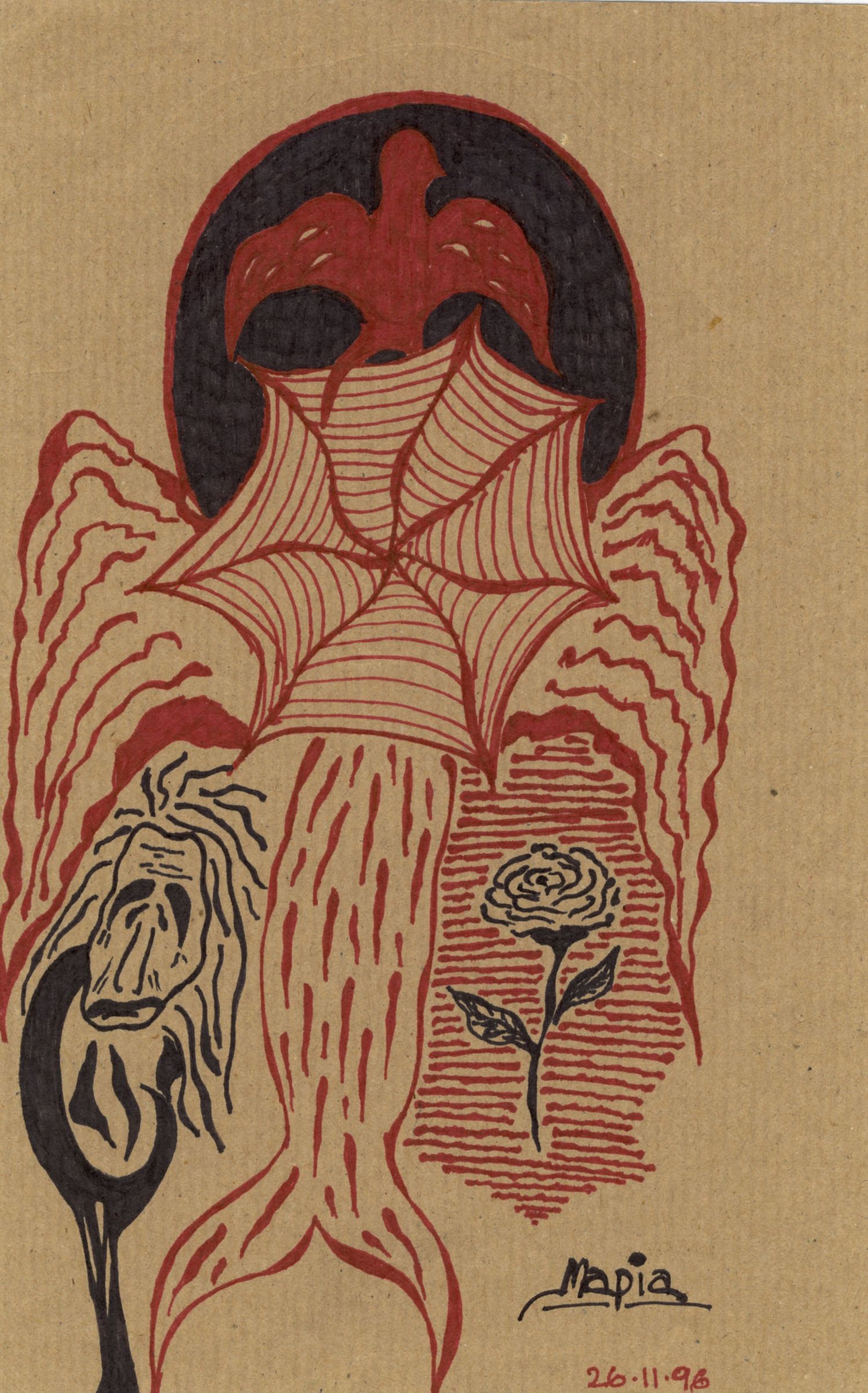 Red and black ink illustration featuring a spider web, rose, and mystical figures on kraft paper.
