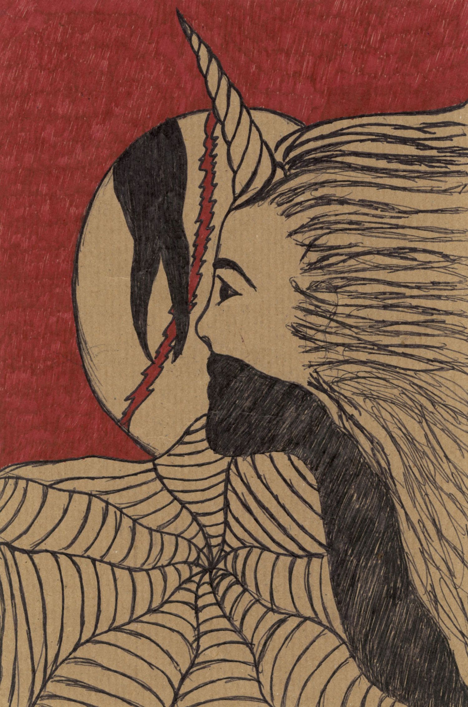 Ink drawing on cardboard of a unicorn-horned female profile with flowing hair over a spiderweb on a red background.