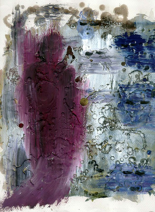 Abstract watercolor painting with a purple figure silhouette against blue and white textured background.