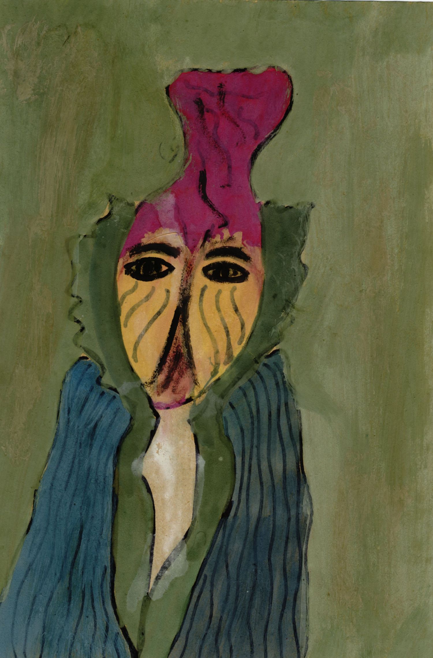 Expressive portrait painting of a face with pink headdress and green collar on olive background.