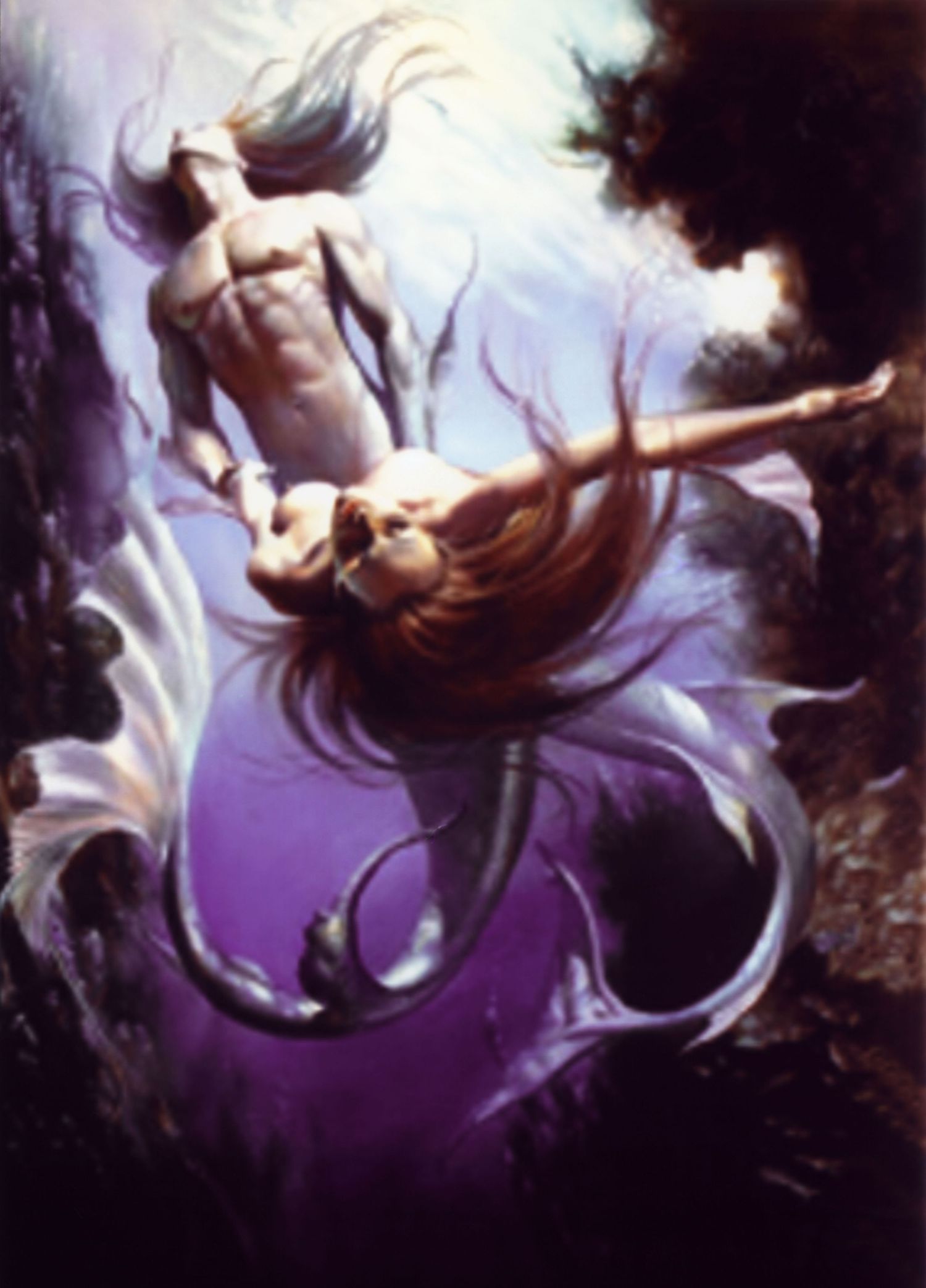 Fantasy oil painting of a mermaid and a man floating together in a mystical purple underwater scene.