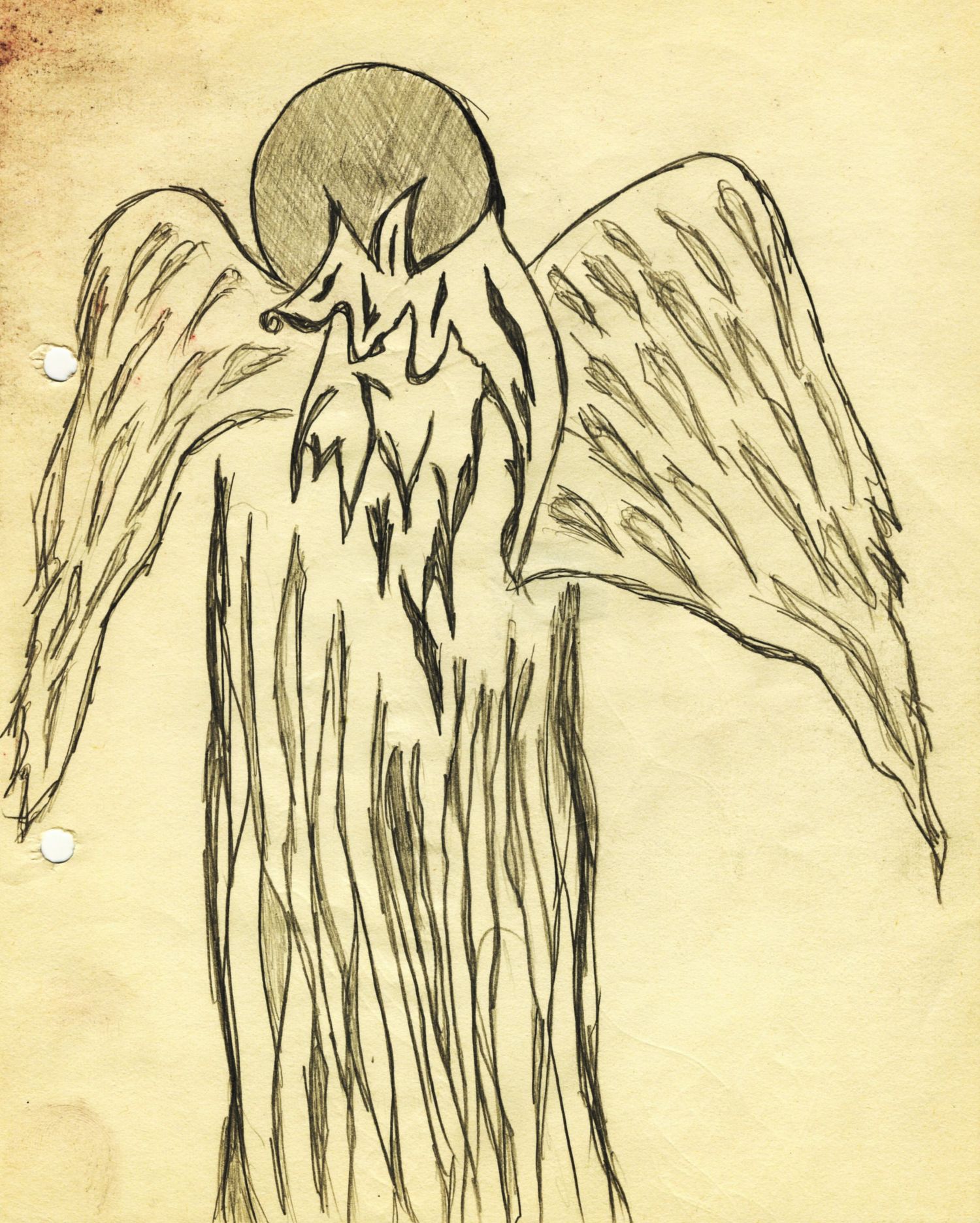 Pencil sketch of a winged angel figure seen from behind with a dark halo, drawn on aged yellowed paper.