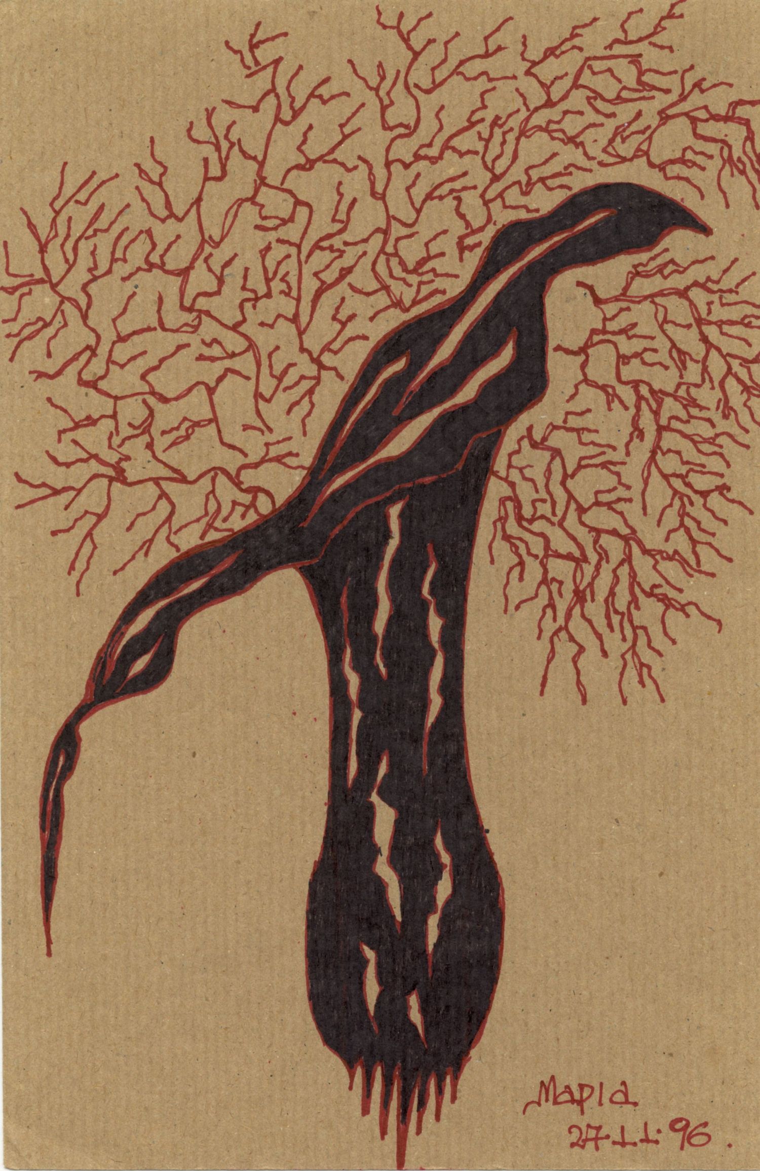 Bold red and black ink drawing of a dark figure with intricate branching coral-like patterns on kraft paper.