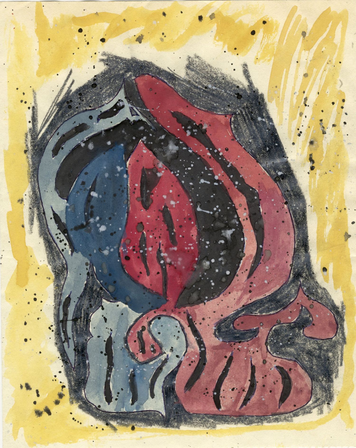 Abstract expressionist painting with blue and red organic forms on dark background with yellow border.