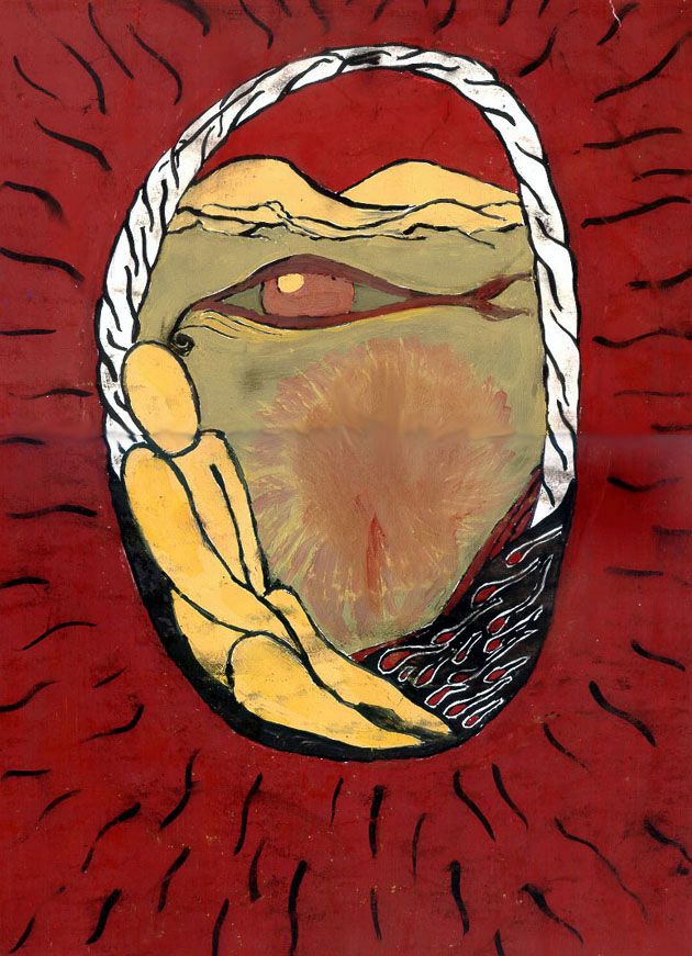 Surrealist painting featuring an eye, fish, and human figure inside an oval frame on a red background.