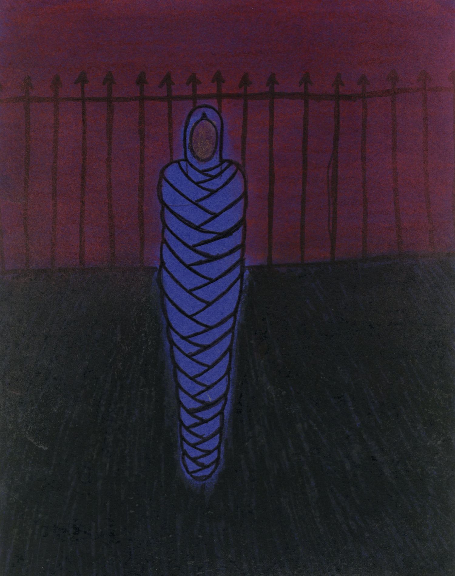 Dark painting of a blue mummy-wrapped figure standing before a fence with arrow-tipped posts.