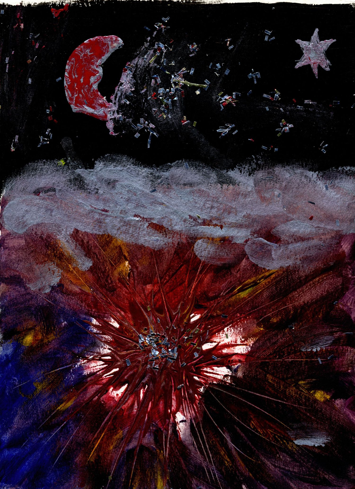 Dark mixed-media painting featuring a red crescent moon and star above a vibrant explosive burst of color.