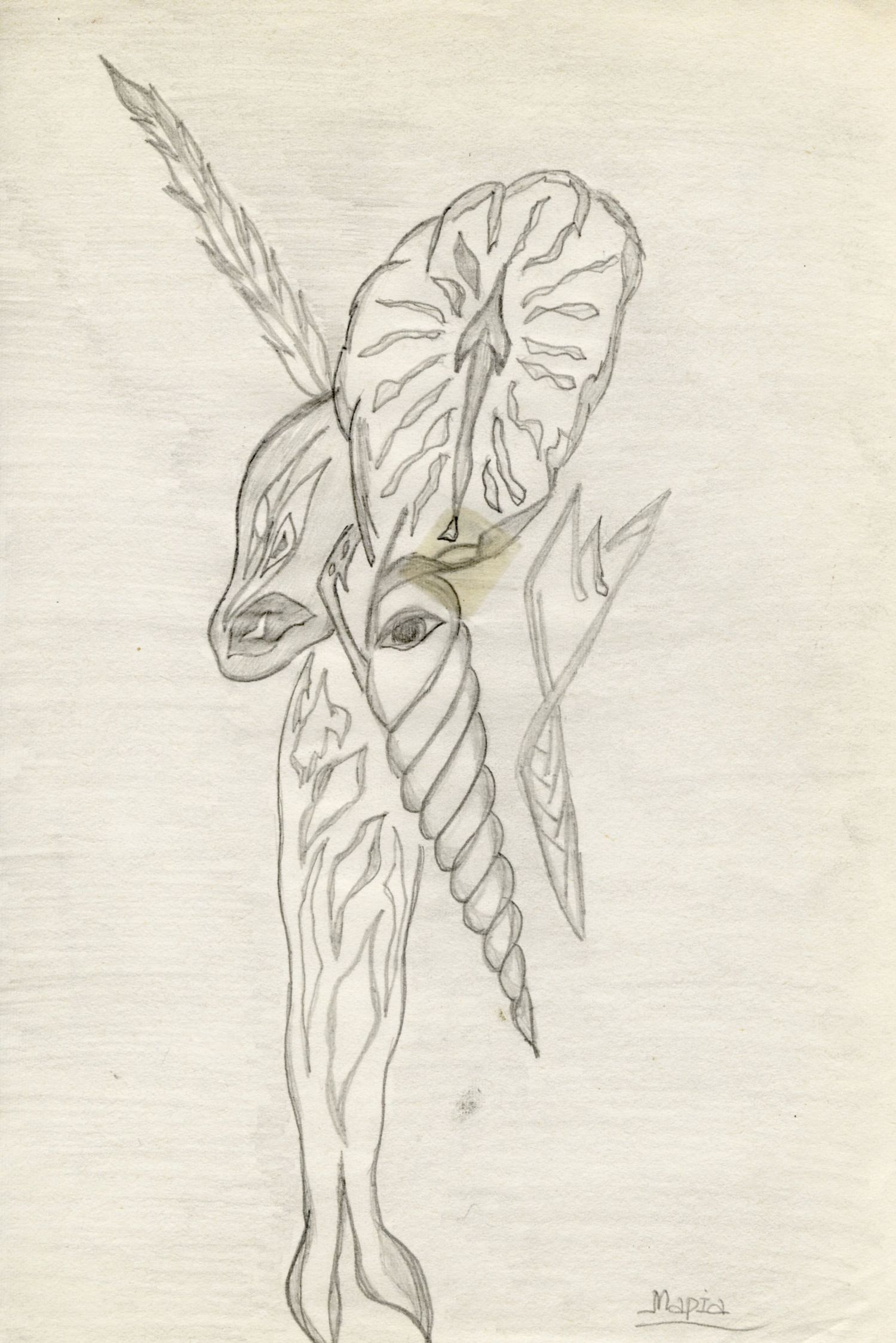 Surreal pencil drawing combining a unicorn, anthurium leaf, and eye in a dreamlike composition.