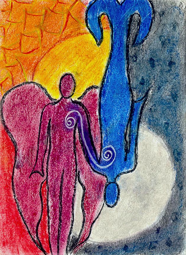 Colorful pastel drawing of two angelic figures, one red with wings and one blue, set against vibrant yellow and grey backgrounds.