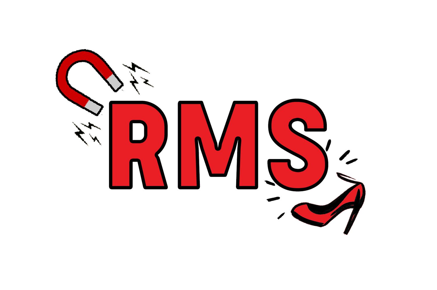 Bold red RMS logo graphic with a magnet and high heel shoe icon on white background.