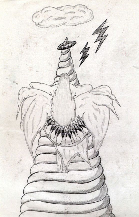 Pencil sketch of a winged angel figure with a halo, unicorn horn, and lightning bolts against a cloudy sky.