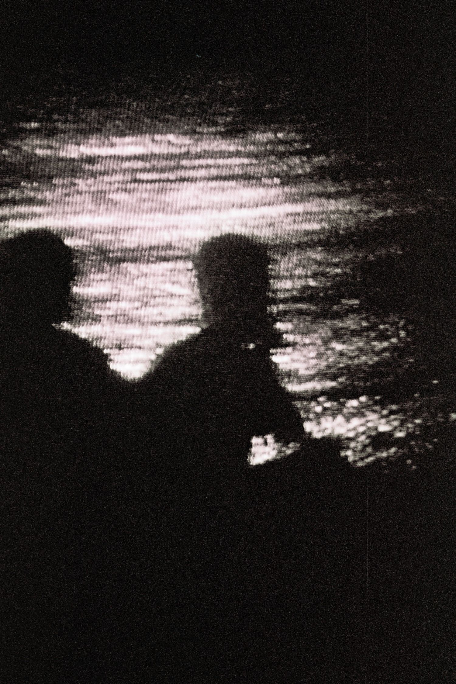 Silhouettes of two people standing near shimmering reflective water in a dark dramatic black and white photo.