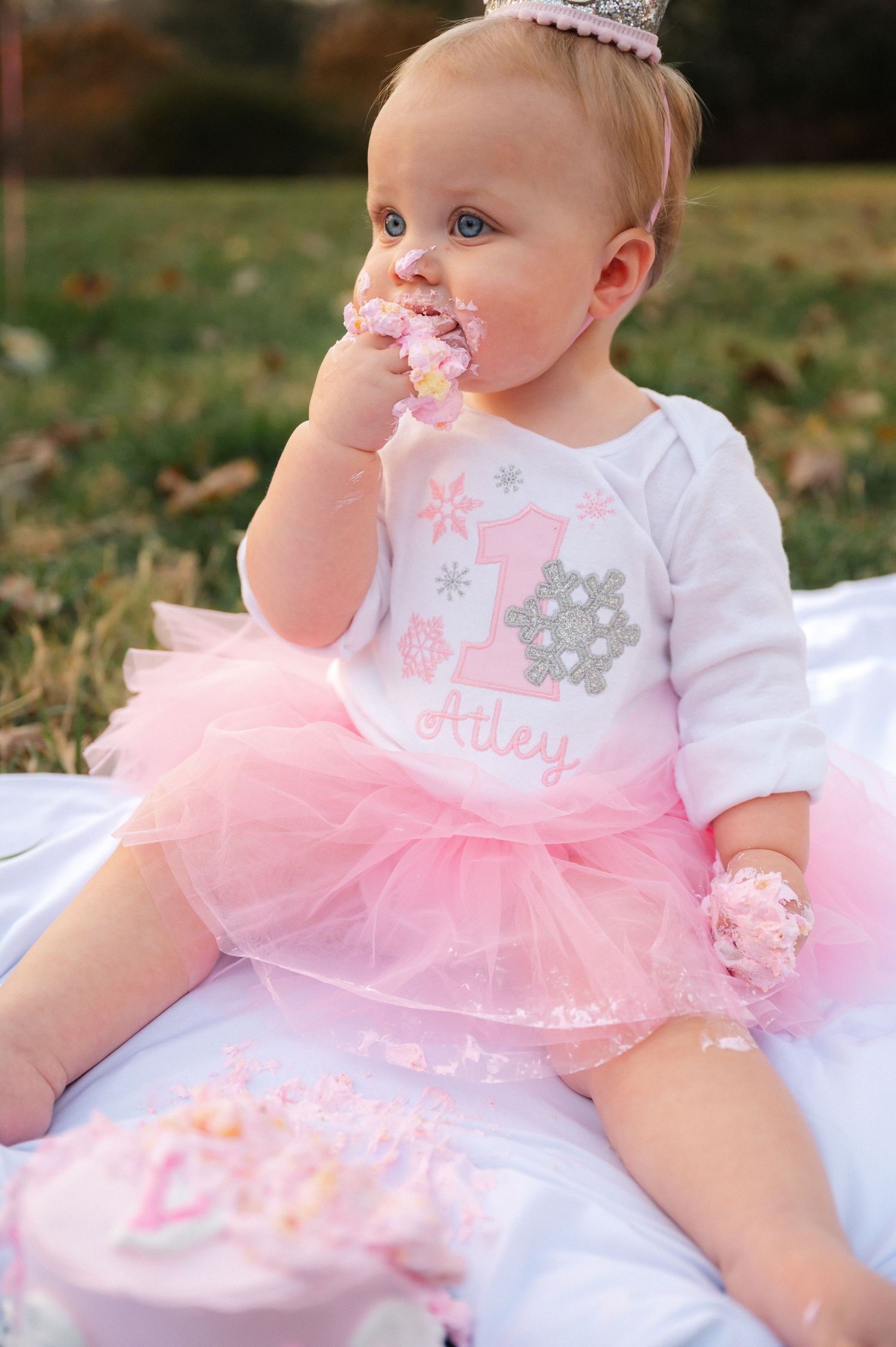 Baby in pink tulle dress and crown sitting on white blanket outdoors.