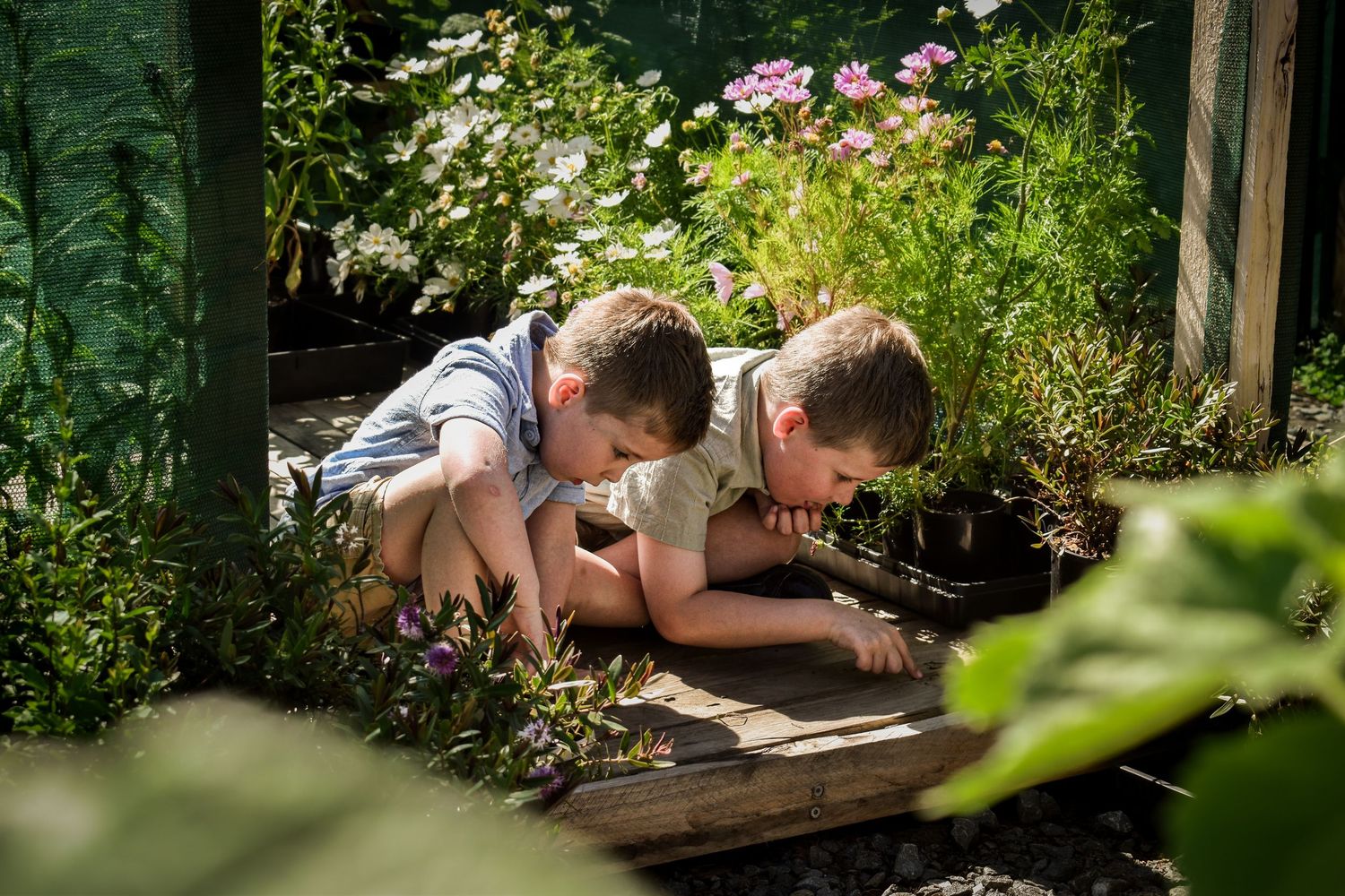 Family lying in garden setting with flowers and greenery.
