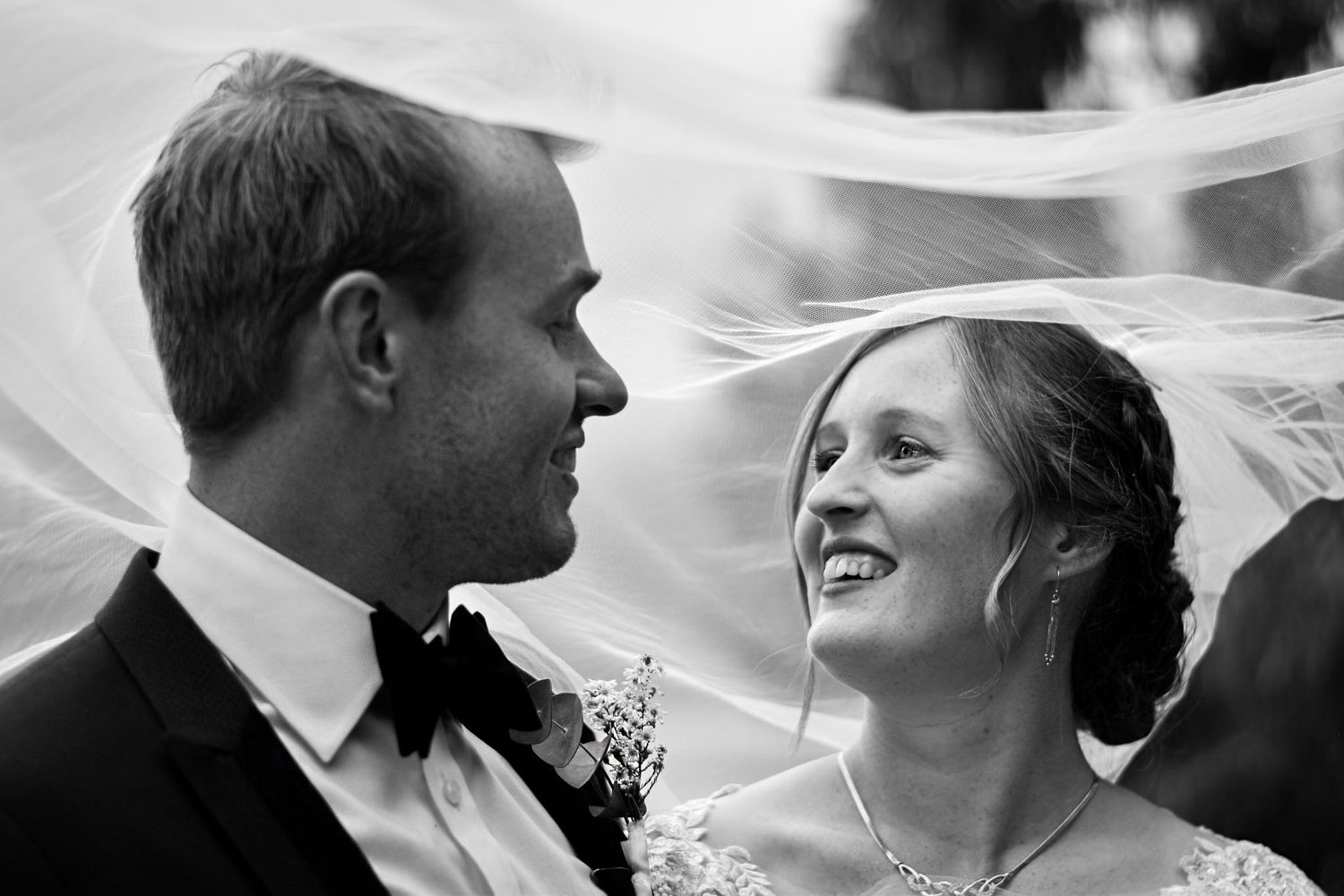 Romantic wedding couple sharing intimate moments under flowing white veil.