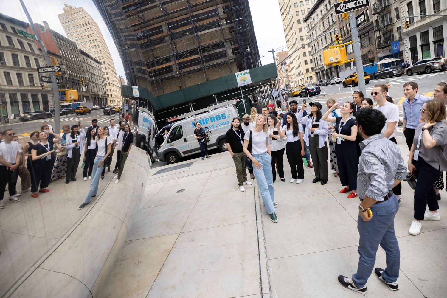 Large group of professionals gathered on a New York City sidewalk for an outdoor tour.