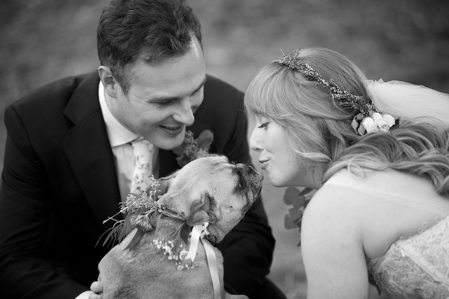 Black and white photo of smiling bride and groom sharing a moment with their dog.