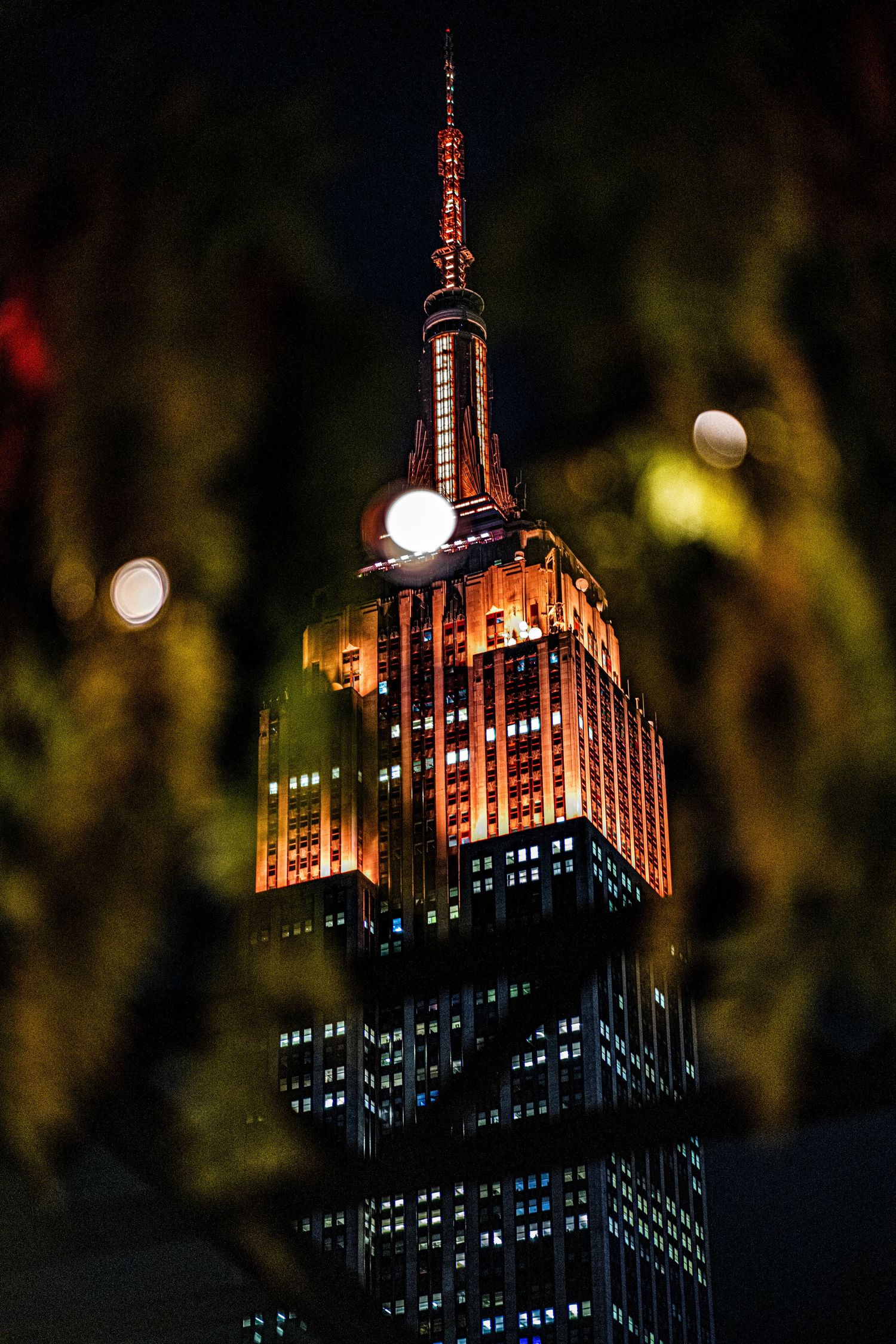 Empire State Building illuminated in orange and red lights at night, framed by blurred green foliage in New York City.