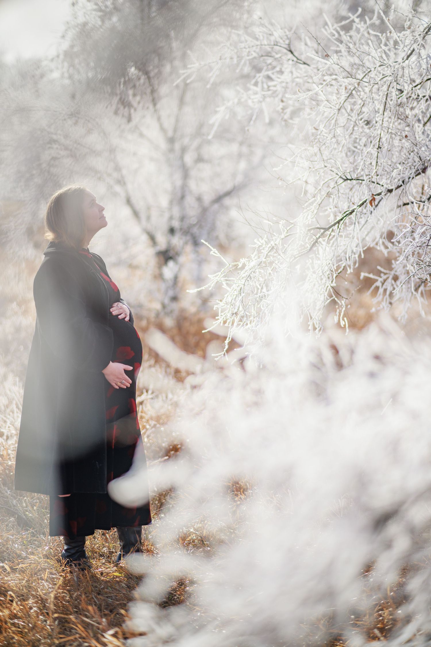 Pregnant woman in a dark coat standing among frost-covered trees in a dreamy winter outdoor setting.