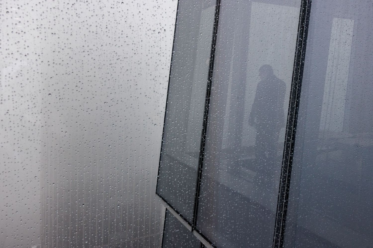 Silhouette of a person visible through rain-covered glass panels on a gray foggy day.