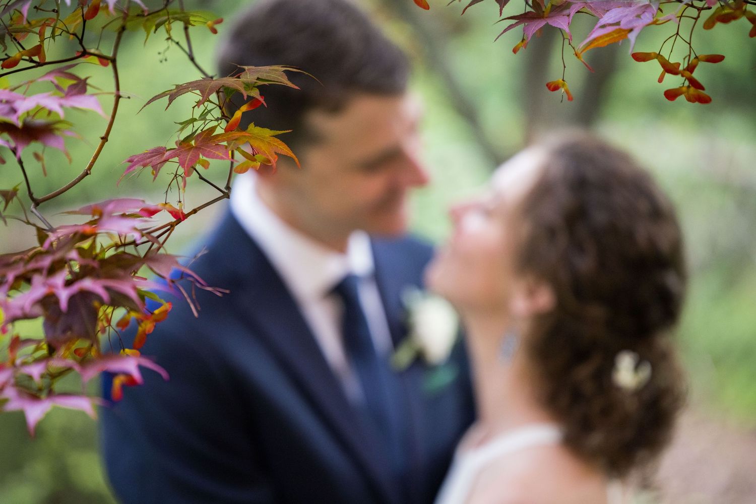 Romantic blurred couple in wedding attire framed by colorful autumn leaves on tree branches.