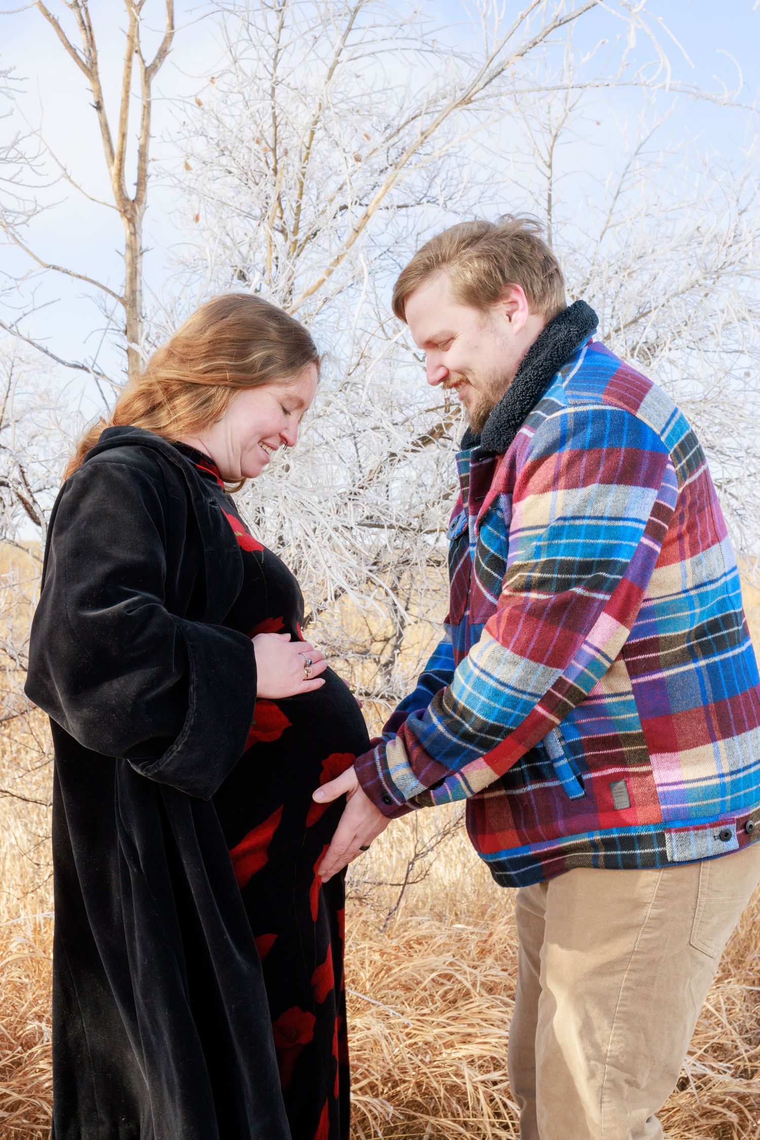 Couple smiling at pregnant belly outdoors among frost-covered trees in a winter maternity photo.