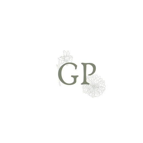 Elegant GP monogram logo with delicate floral illustrations in muted sage green tones.