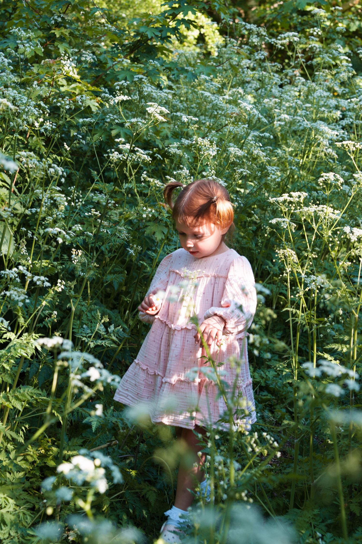Young girl in pink dress exploring lush green garden with white wildflowers on a sunny day.