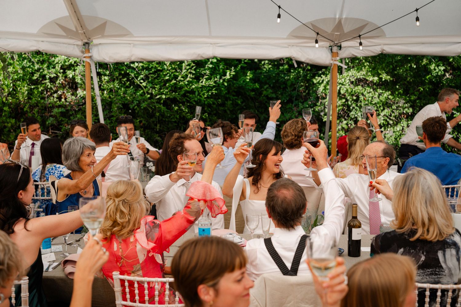 Wedding guests raising glasses in a toast under a white tent surrounded by lush greenery at an outdoor reception.