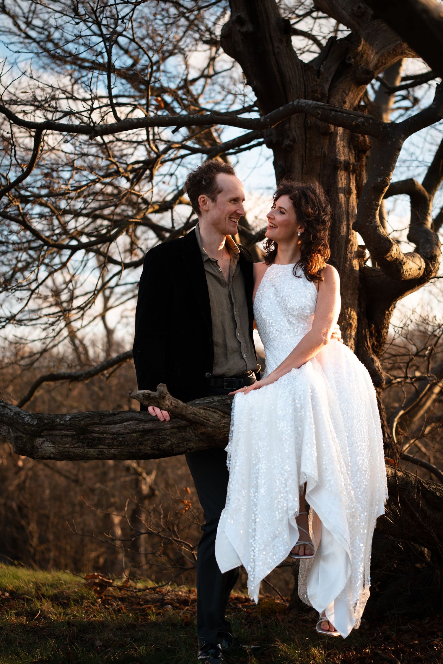 Romantic couple shares a tender moment while sitting on a tree branch at golden hour.