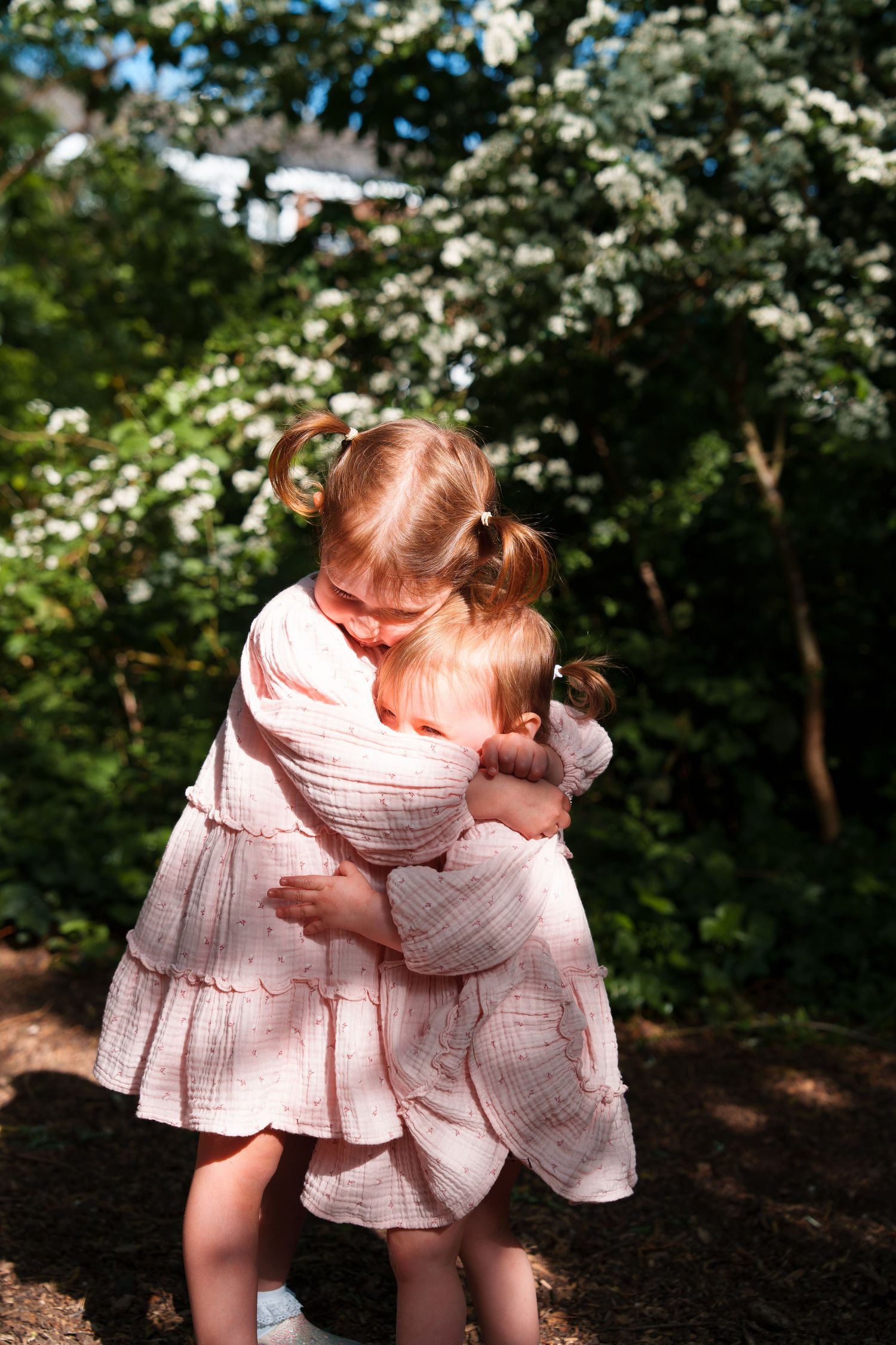 Two young girls in matching pink dresses hugging outdoors near blooming white flowers and green trees.