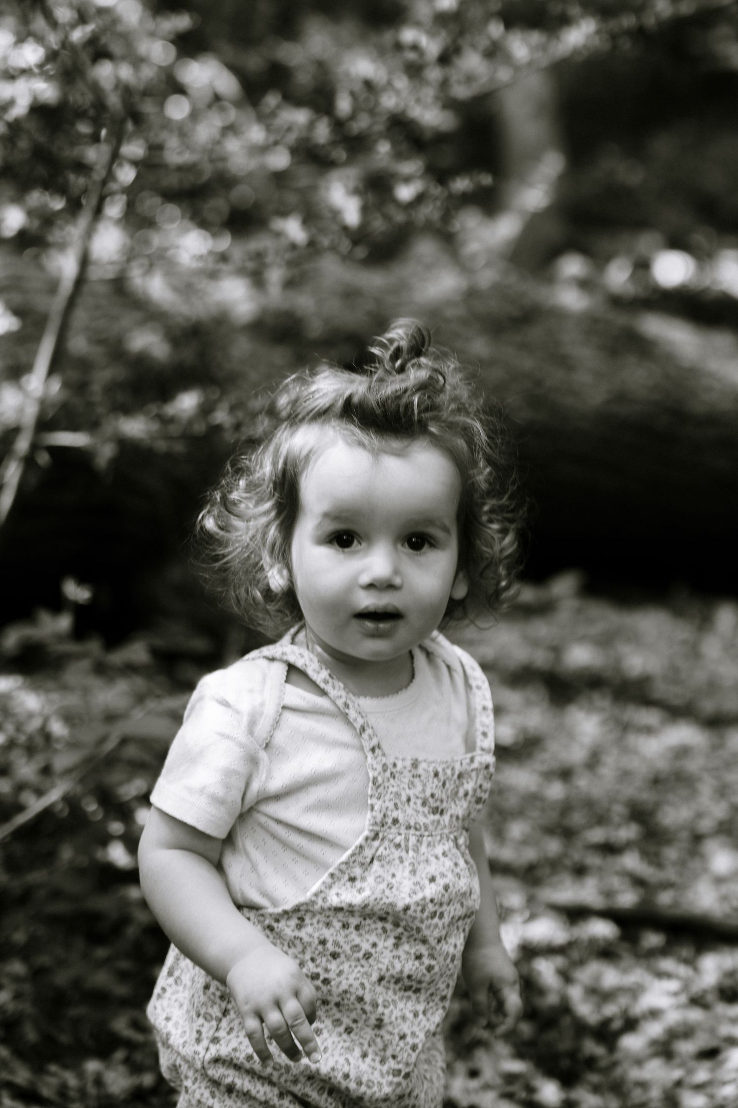 Black and white portrait of a curly-haired toddler girl in a floral dress standing outdoors in a forest.