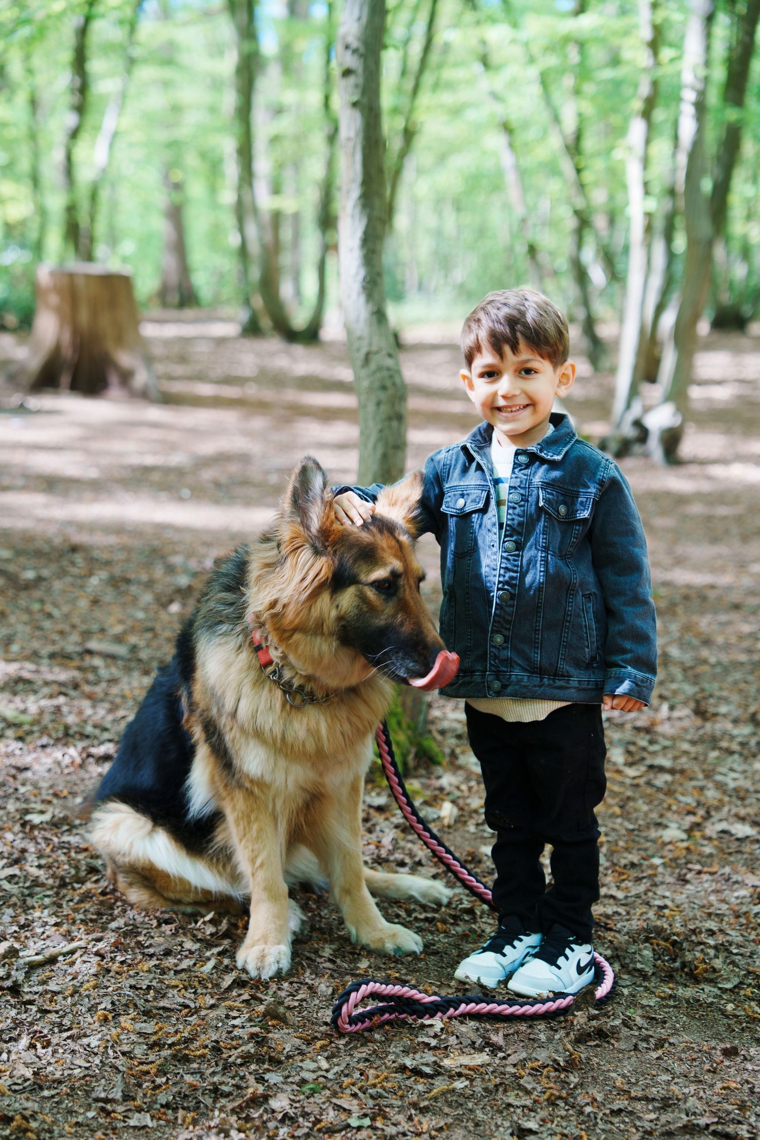 Smiling boy in denim jacket stands with German Shepherd dog on leash in a forest setting.