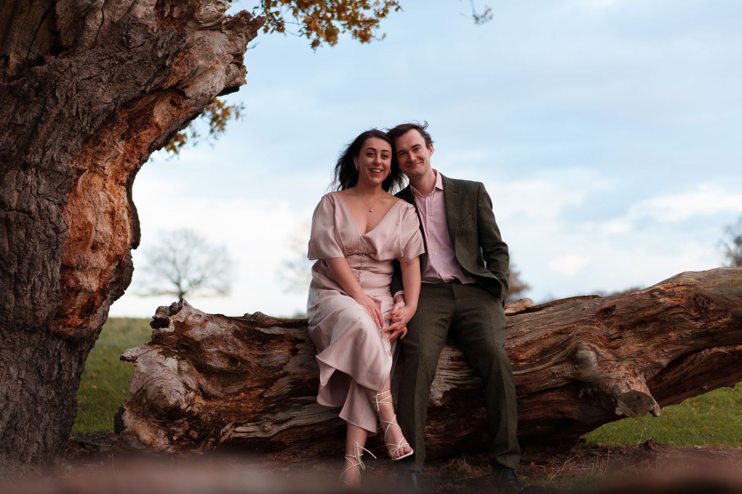 A couple sitting together in a natural hollow of a large tree trunk.
