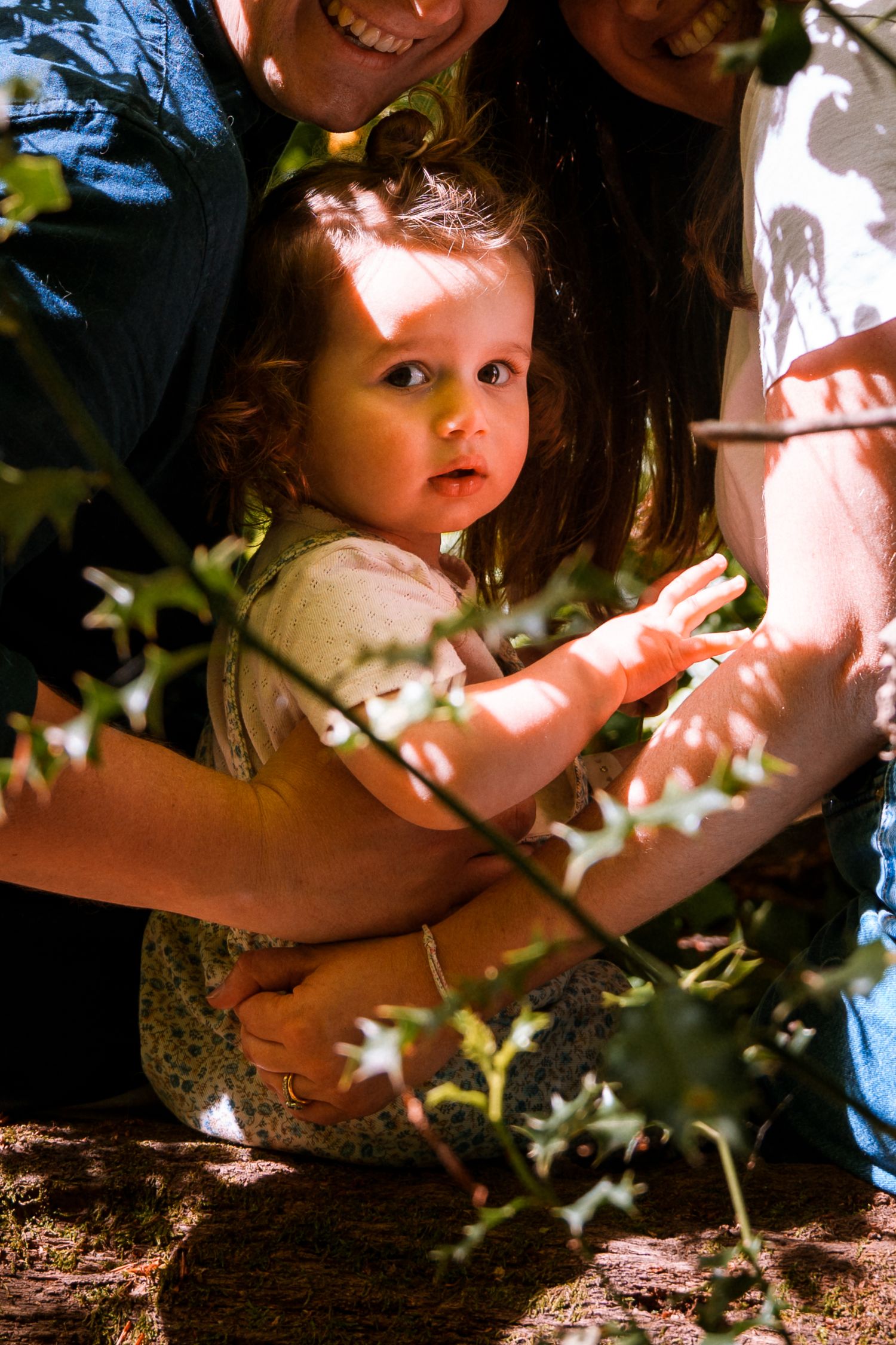A curious baby girl peeks through green leaves, held by smiling parents in a sunlit outdoor setting.