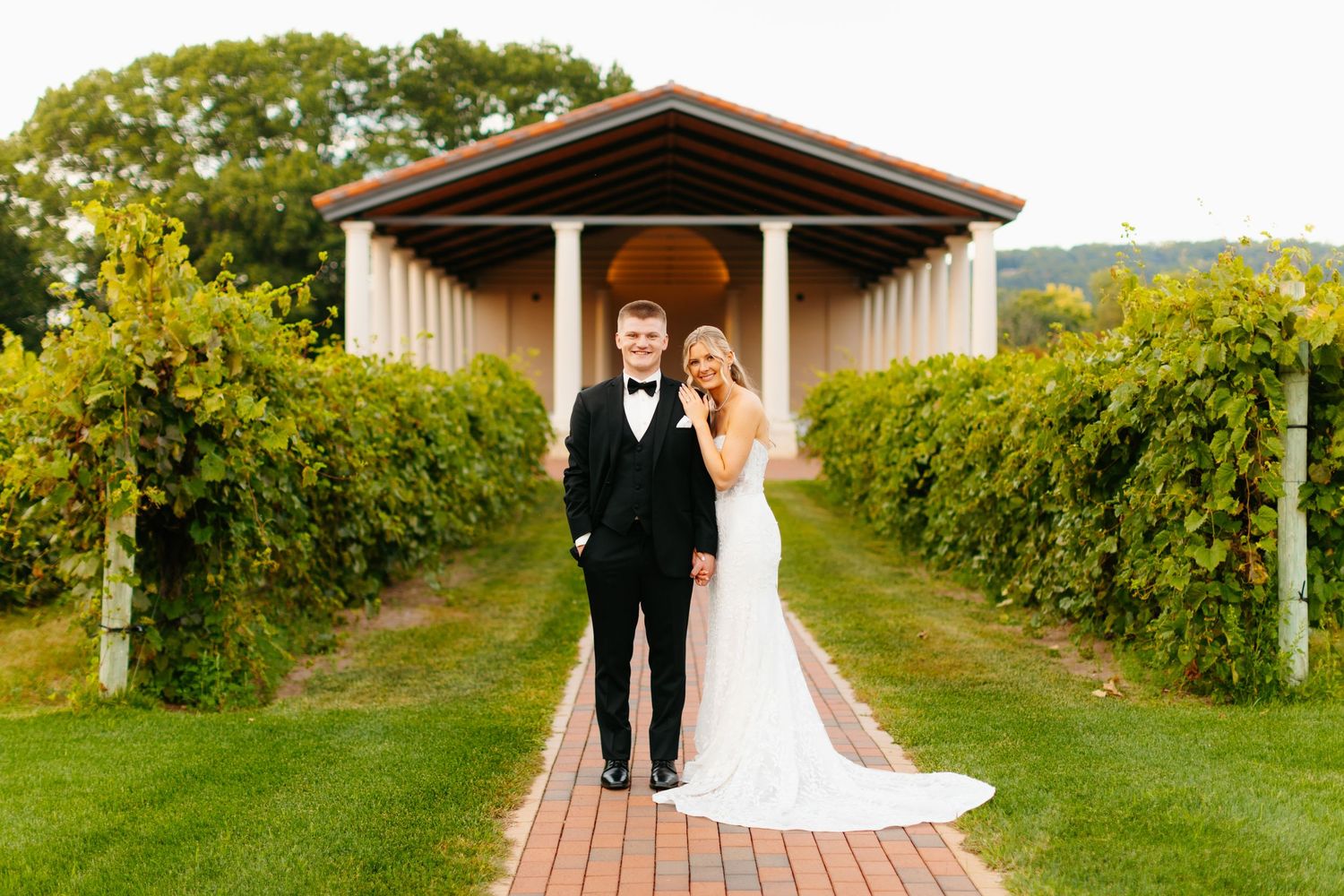 Elegant wedding portraits taken in a lush vineyard setting at golden hour.